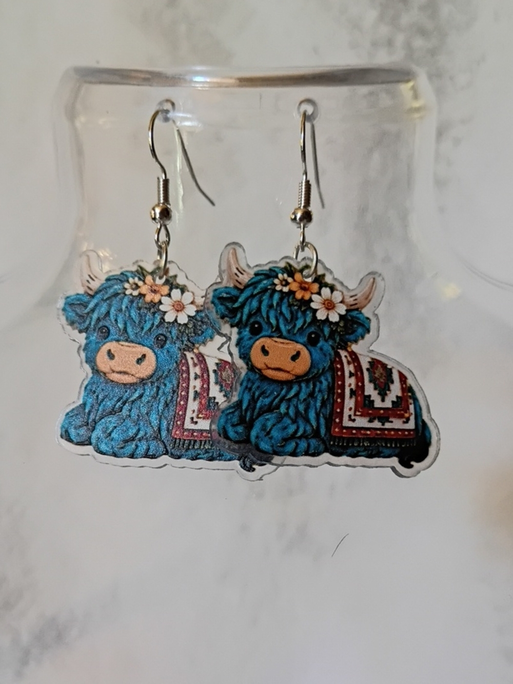 Blue Highland Cow Dangle Earrings  - Cute Floral Design